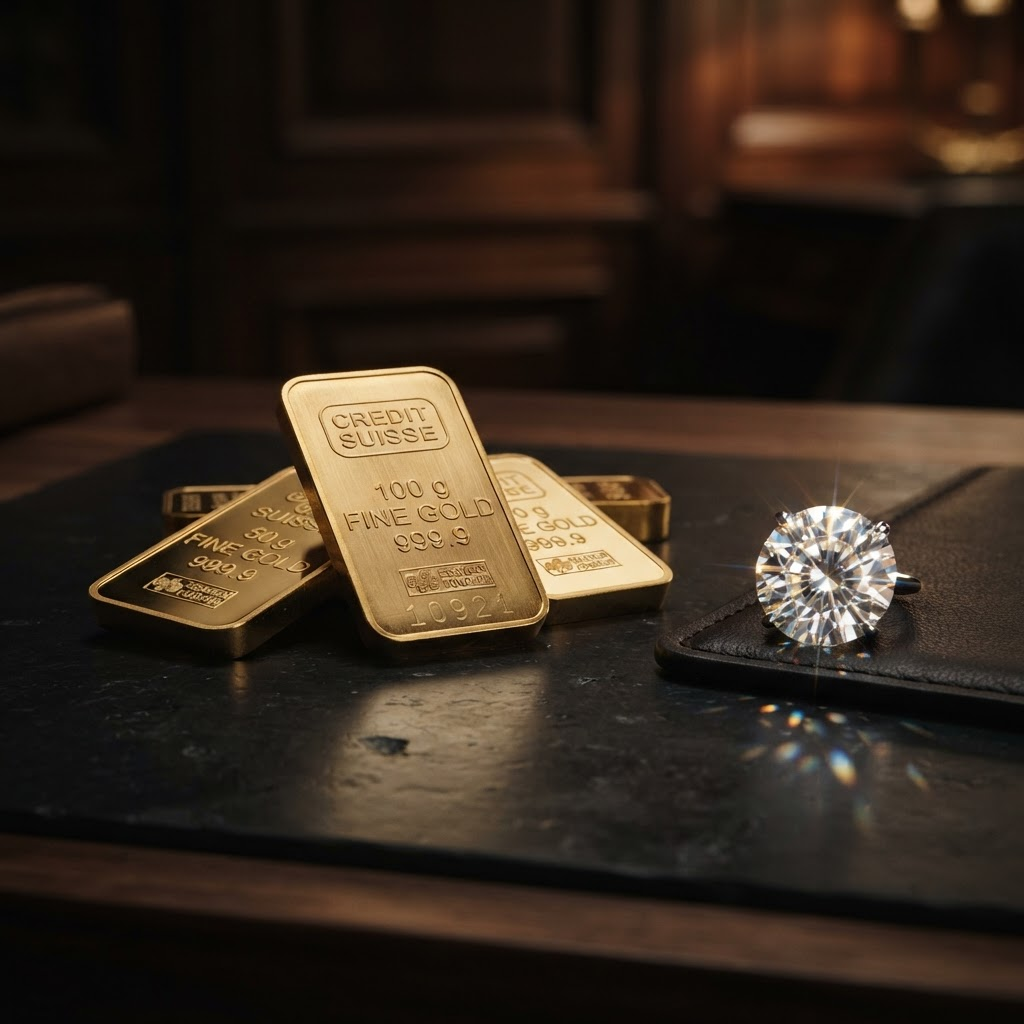 Gold bars and a diamond