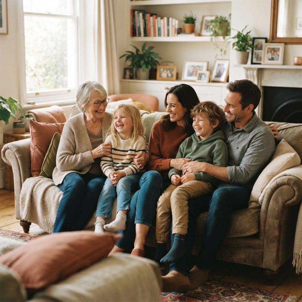 A happy family together at home