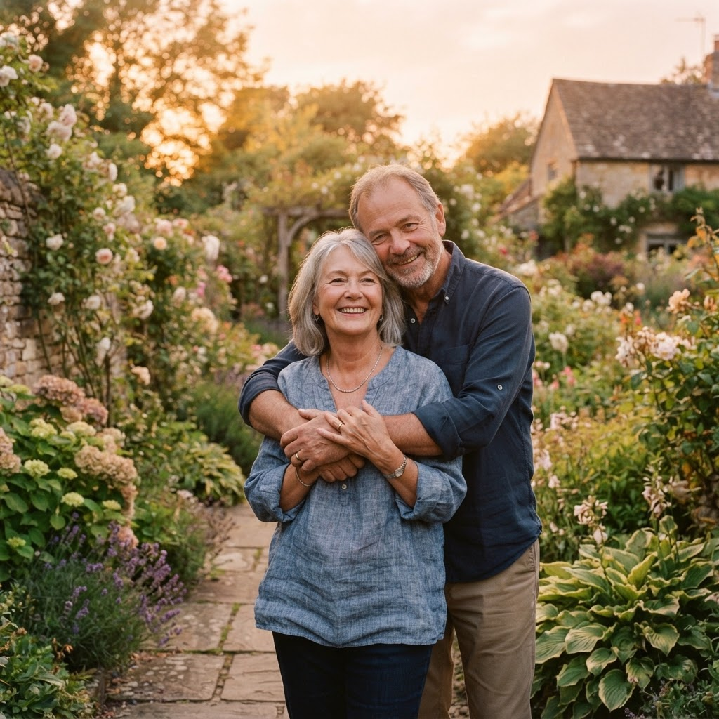 A loving senior couple in a garden